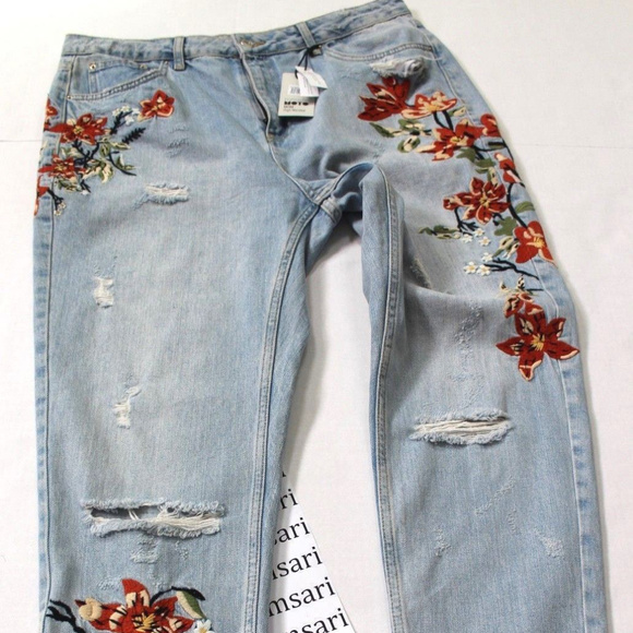 Topshop Denim - Topshop Moto MOM Floral Embroidered Distressed